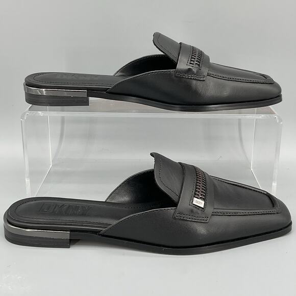 NEW DKNY Women’s Elin Leather Zipper Detail Flat Mules Black Size 6 - Picture 1 of 10